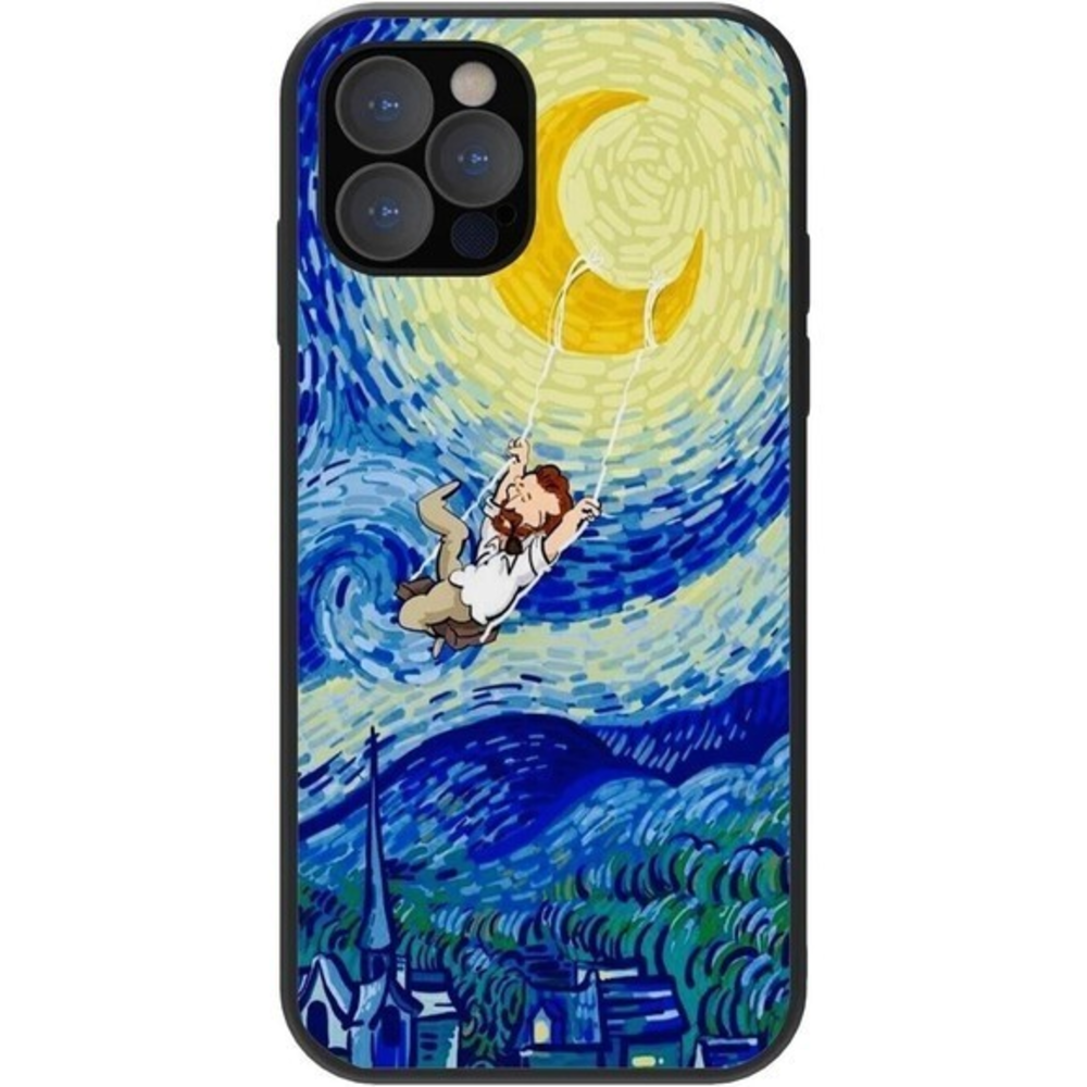 Case for iPhone 14 Pro Max Oil Painting Design Man Swinging On The Moon
